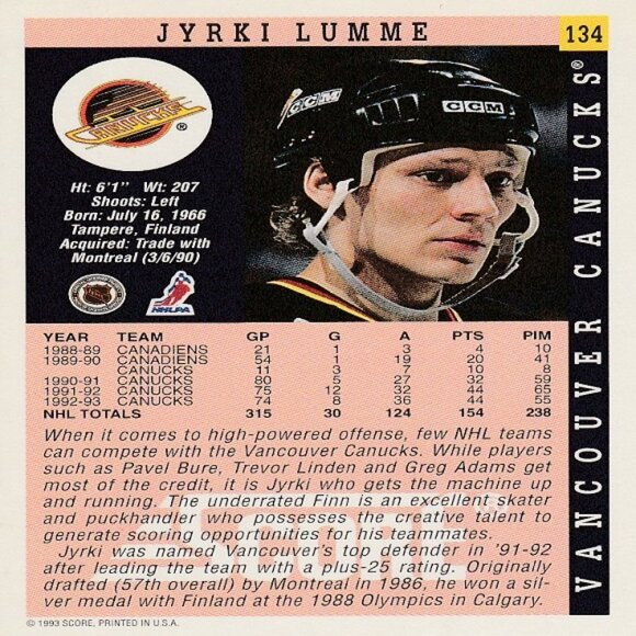 Jyrki Lumme (Vancouver Canucks) Vintage 1993 Score Series Card - Card Number 134 - Picture 2 of 2